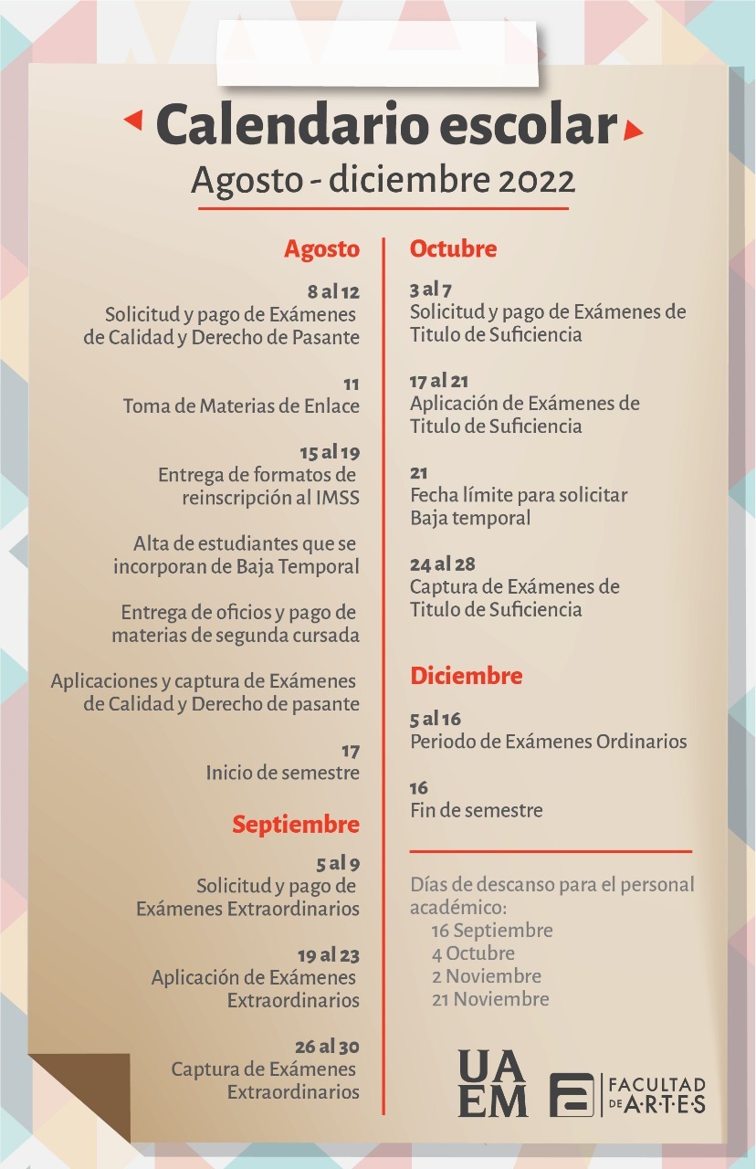 Calendario Escolar | Agosto – Diciembre 2022