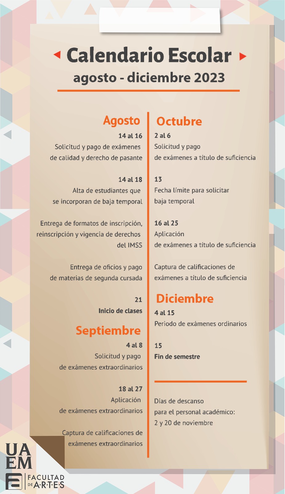 Calendario Escolar | Agosto – Diciembre 2023