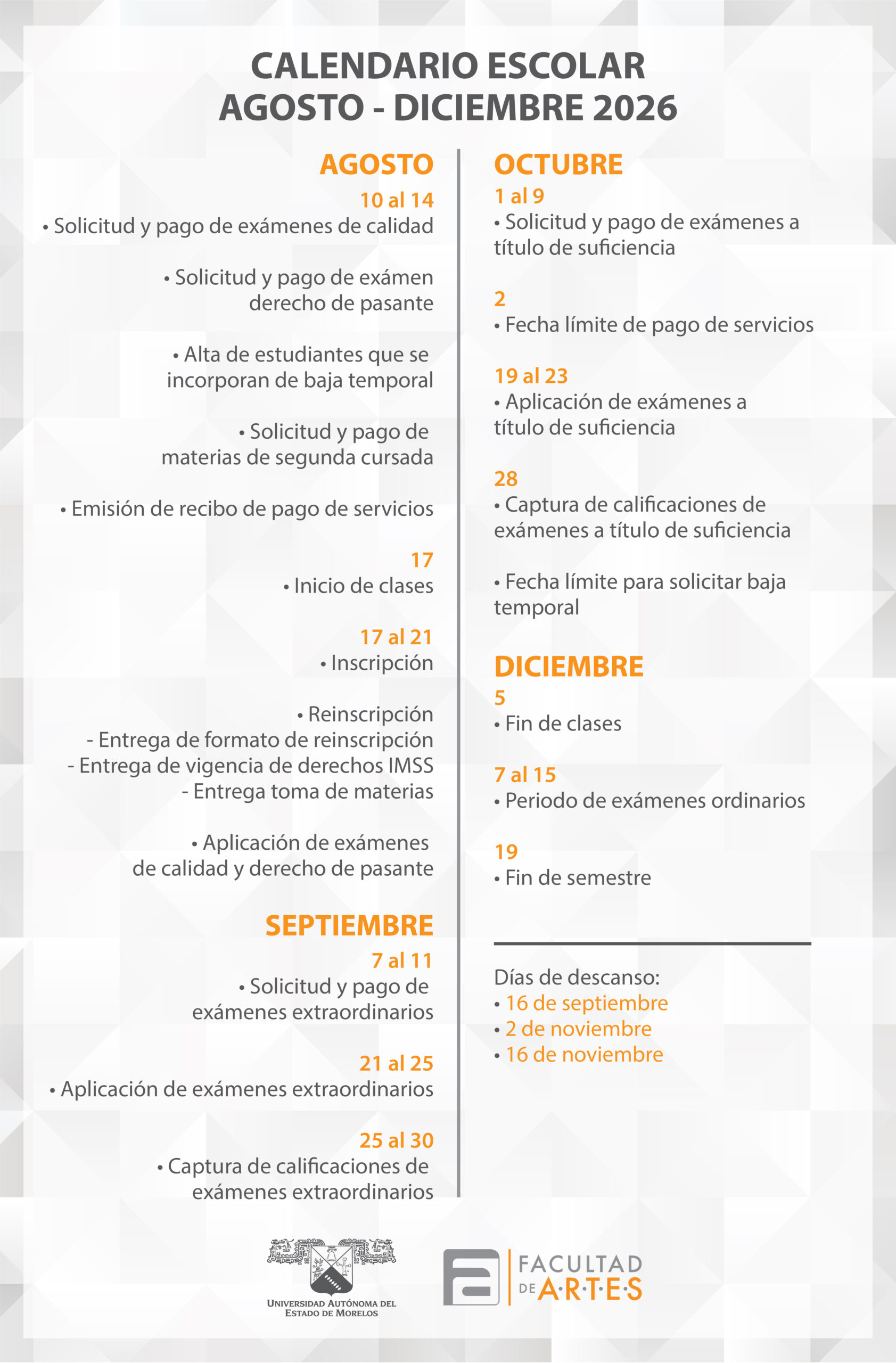 Calendario Escolar | Agosto – Diciembre 2026